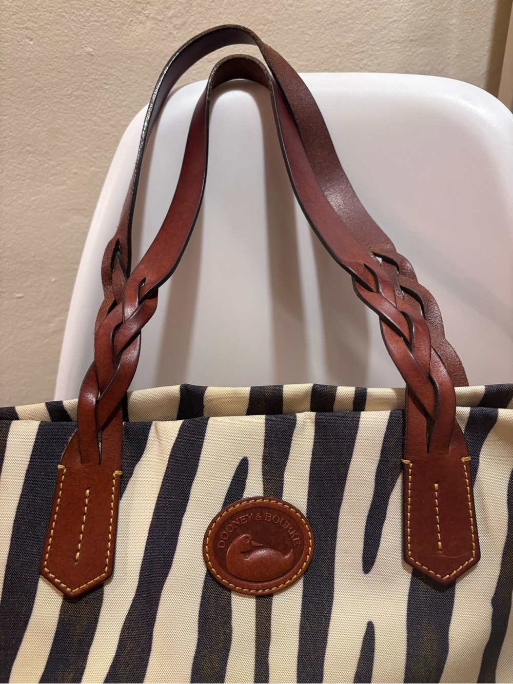 Dooney & Bourke Large Zebra-Print Tote with Brown Leather Shoulder Straps - Picture 2 of 9